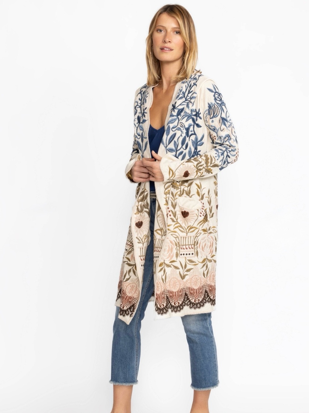 JOHNNY WAS BIYA Teresa DUSTER Womens Size XS Floral Embroidered Pockets Hooded